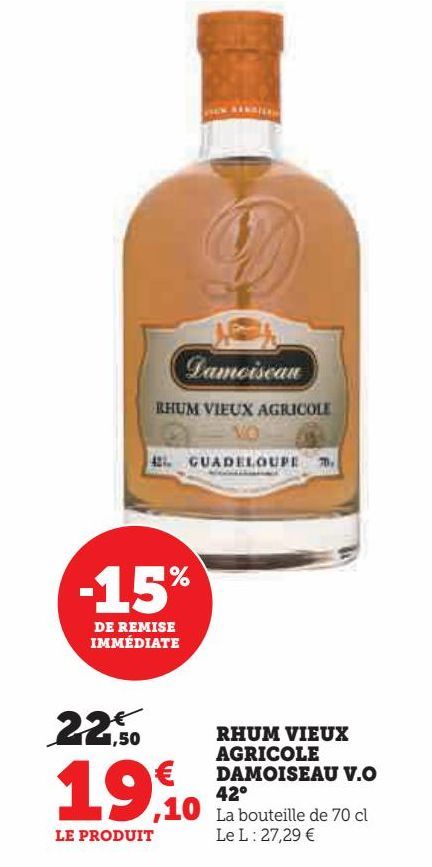 RHUM VIEUX AGRICOLE DAMOISEAU V.O 42°