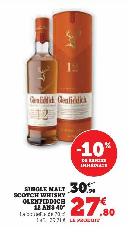 Single malt scotch whisky Glenfiddich 12 ans 40ª