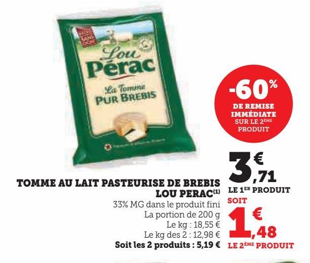 Tomme au lait pasteurise de brebis Lou Perac