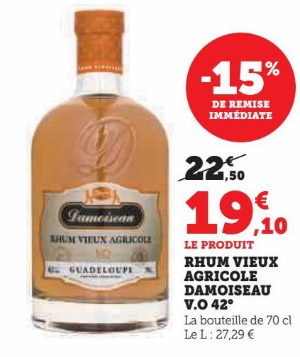 RHUM VIEUX AGRICOLE DAMOISEAU V.O 42°