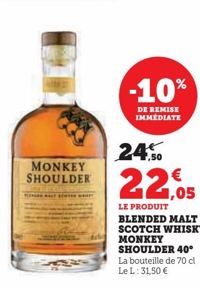 Blended malt scotch whisky Monkey Shoulder 40ª
