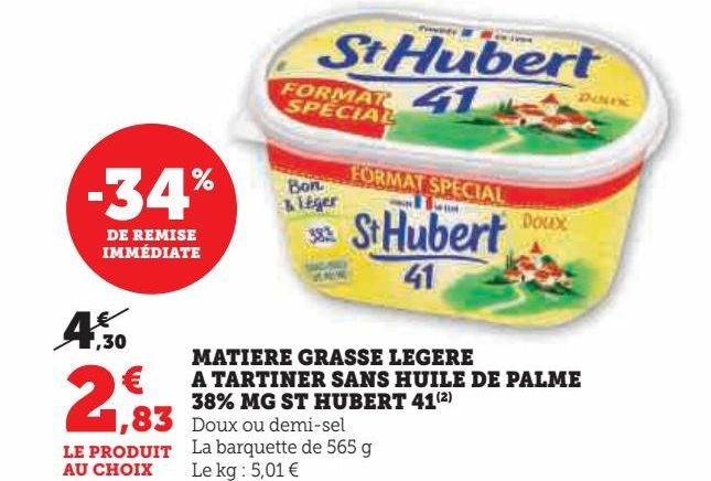 MATIERE GRASSE LEGERE  A TARTINER SANS HUILE DE PALME  38% MG ST HUBERT 41