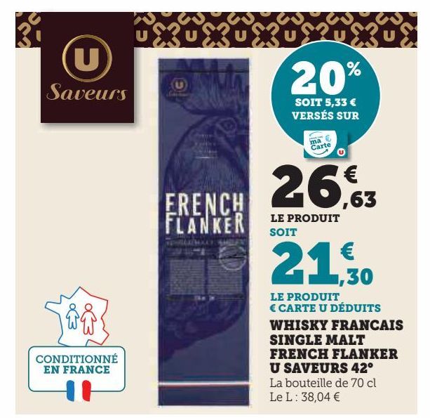 WHISKY FRANCAIS SINGLE MALT FRENCH FLANKER U SAVEURS 42°