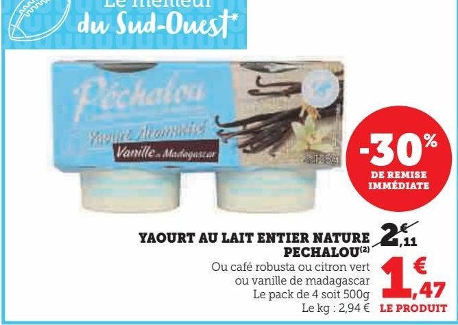 YAOURT AU LAIT ENTIER NATURE PECHALOU 