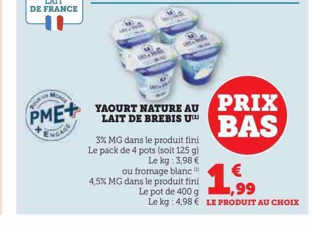 yaourt nature au lait de brebis U