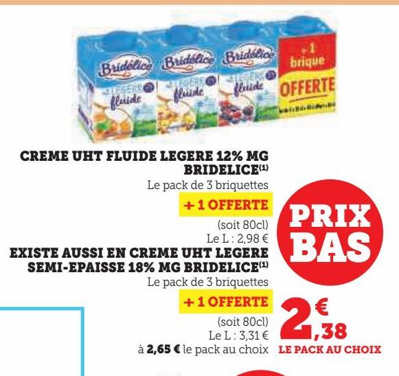 CREME UHT FLUIDE LEGERE 12% MG BRIDELICE