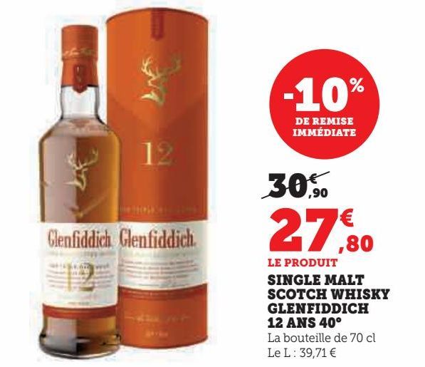 SINGLE MALT SCOTCH WHISKY GLENFIDDICH 12 ANS 40°