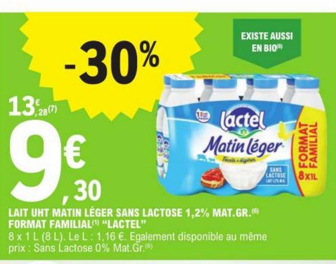 lait UHT matin leger sans lactose 1.2% MAT.GR. format familial Lactel