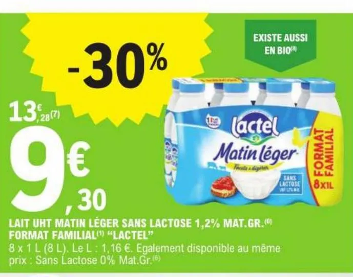lait uht matin leger sans lactose 1.2% mat.gr. format familial lactel