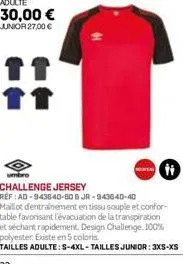 challenge jersey  réf : ad-9438-40-60 b jr-943640-40 maillot d'entrainement en tissu souple et confor table favorisant l'évacuation de la transpiration et séchant rapidement. design challenge. 100% po