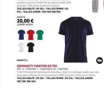 ADULTE  20,00 € JUNIOR 18,00 €  111  CRAFT  COMMUNITY FUNCTION SS TEE  RÉF :H-C1907391, F-C1907382 & JR-C1907393  T-shirt fonctionnel classique en tissu doux, léger et à séchage rapide pour une évacua