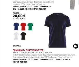 adulte  20,00 € junior 18,00 €  111  craft  community function ss tee  réf :h-c1907391, f-c1907382 & jr-c1907393  t-shirt fonctionnel classique en tissu doux, léger et à séchage rapide pour une évacua