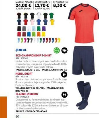 MAILLOT ADULTE SHORTADULTE CHAUSSETTES  24,00 € 12,70 € 8,30 € JUNIOR 24,00 € JUNIOR 12,70 €  Joma  ECO-CHAMPIONSHIP T-SHIRT  RÉF : 102748  Mailot mixte en tissu recyclé avec bande de couleur contrast