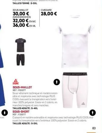 sous-maillot  30,00 € (sans manches)  32,00€ en mc 36,00 € en ml  sous-short  ref:f33077  cuissard  28,00 €  sous-maillot ref:f63077 sous-vêtement technique en matière exten-sible et respirante avec t