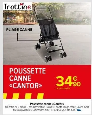 pliage canne  poussette canne «cantor>>  34%  la poussette  poussette canne <<cantor>>  ualisable de 6 mois à 3 ans. dossier fixe. harnais 5 points. plage canne. roues avant fixes ou pivotantes. dimen