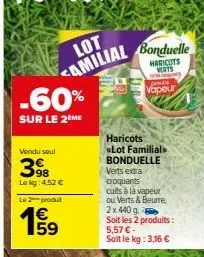 lot  amilial bonduelle  haricots verts wwcowy ca  -60%  sur le 2 me  vendu seul  398  lokg: 4,52 €  le 2-produt  vapeur  haricots «lot familial»  bonduelle  verts extra  croquants  cuits à la vapeur  