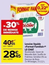 40%5  lel: 6,16 €  -30% chat  de remise immediate  2895 345  lol: 431 €  carbonate  soit  format famo,22  le lavage  132  lessive liquide *format familial. le chat bicarbonate, savon de marseille aloé