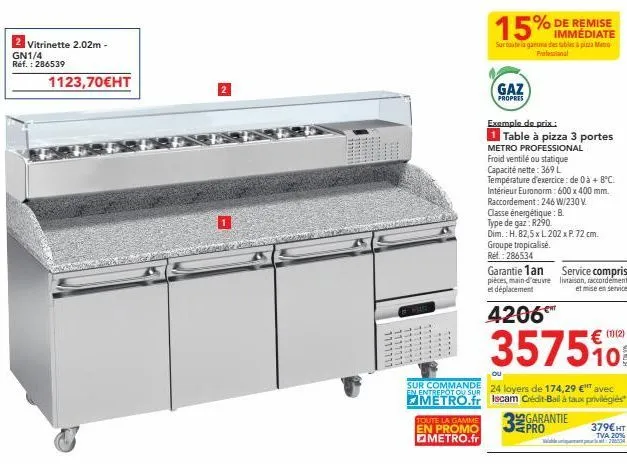 vitrinette 2.02m -  gn1/4 réf. : 286539  1123,70€ht  1111111  toute la gamme en promo metro.fr  35750  sur commande 24 loyers de 174,29 €" avec metro.fr iscam crédit-bail à taux privilégiés  en entrep