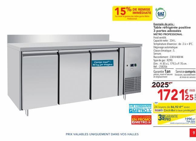 Charge max 40 kg par étagère  IMMÉDIATE  Sur toute la gamme des tables gastro Metro Professional  SUR COMMANDE  EN ENTREPOT OU SUR  TOUTE LA GAMME  EN PROMO METRO.fr  PRIX VALABLES UNIQUEMENT DANS VOS