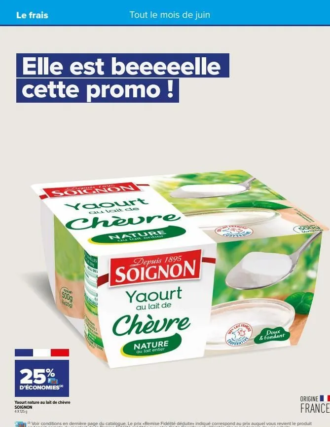 le frais  elle est beeeeelle cette promo !  depuis 1895  soignon  25%  d'économies  yaourt  au lait de  chèvre  200  500g  yaourt nature au lait de chèvre  soignon 4x125 g  melles  www  tout le mois d