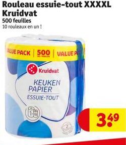 Rouleau essuie-tout XXXXL  Kruidvat  500 feuilles 10 rouleaux en un!  Kruidvat  KEUKEN PAPIER ESSUIE-TOUT  ALUE PACK 500 VALUE P  34⁹ 