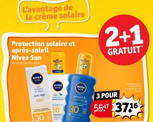 Protection solaire et après-soleil Nivea Sun  À l'exception des minis.  L'avantage de la crème solaire  NIVEA SUN  UV GEDICHT UV VISAGE  Anti-Age  Q10  k  mg  30  RECYCLED  NIVEA SUN  kids sensitive p