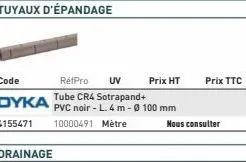 tuyaux d'épandage  drainage  dyka 4155471 10000491 mètre  uv prix ht  rétpro tube cr4 sotrapand+  pvc noir - l. 4 m - ø 100 mm  nous consulter  prix ttc 