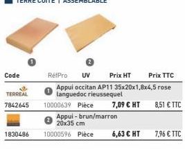 Code  TERREAL  7842645  1830486  10000639 Pièce  Appui-brun/marron 20x35 cm  10000596 Pièce  RétPro UV Prix HT Prix TTC Appui occitan AP11 35x20x1,8x4,5 rose languedoc rieussequel  7,09 € HT 8,51 € TT