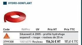 code  3799308  hydro-gonflant  rétpro  uv  prix ht sikaswell a 2005 - profilé hydrofuge expansif - rouge - rouleau de 20 m  10014070 rouleau 156,34 € ht 187,61 € ttc  prix ttc 