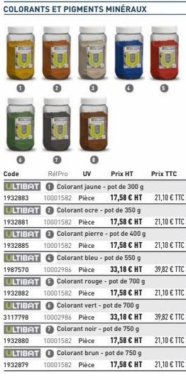 O  CECE  Code  Réf Pro UV  Prix HT  ULTIBAT Colorant jaune - pot de 300 g 1932883 10001582 Pièce  ULTIBAT + Colorant ocre - pot de 350 g 1932881 10001582 Pièce  Prix TTC  17,58 € HT 21,10 € TTC  ULTIB