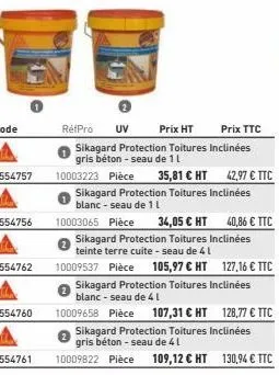 prix ht  prix ttc  sikagard protection toitures inclinées gris béton - seau de 11  réfpro uv  10003223 pièce 35,81 € ht 42,97 € ttc  sikagard protection toitures inclinées blanc - seau de 1 l  1000306