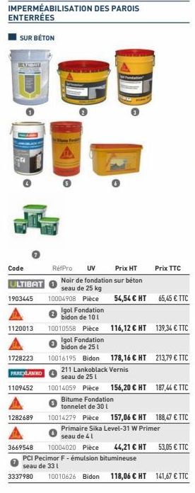 IMPERMEABILISATION DES PAROIS ENTERRÉES  SUR BÉTON  BLTHAT  →  Code  ULTIBAT  1903445  1120013  1728223  PARTXANNO  1109452  1282689  RéfPro UV  Prix HT  Noir de fondation sur béton  seau de 25 kg  10