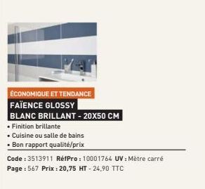 ÉCONOMIQUE ET TENDANCE  FAÏENCE GLOSSY  BLANC BRILLANT - 20X50 CM  • Finition brillante  • Cuisine ou salle de bains  • Bon rapport qualité/prix  Code: 3513911 RéfPro: 10001764 UV: Mètre carré Page : 