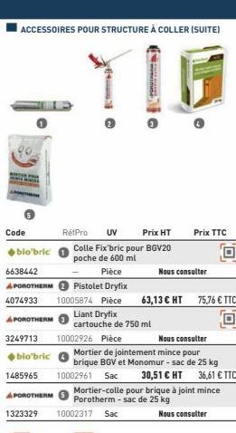 ACCESSOIRES POUR STRUCTURE À COLLER (SUITE)  YI  Code  POROTHERM  ◆blo'bric  6638442  Pièce  APOROTHERM Pistolet Dryfix  4074933  10005874 Pièce  Liant Dryfix  cartouche de 750 ml  3249713  ◆bio'bric 