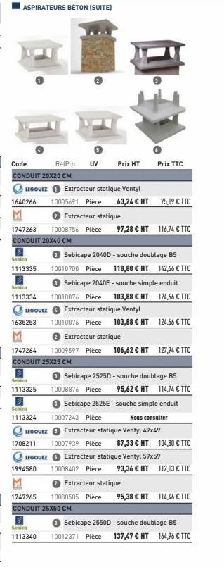ASPIRATEURS BÉTON (SUITE)  Code  CONDUIT 20X20 CM  LEGOUEZ  1640266  Sehien  1113335  1747263  CONDUIT 20X40 CM  Sehin  1113334  LEGOUEZ  1635253  RéfPro UV Prix HT  Sebicn 1113325  Sebico  1113324  L