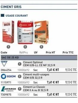 ciment gris  usage courant  code sac de 25 kg  3864254  eqiom  réfpro uv  prix ht  ciment optimat  cem ii/b-ll ce nf 32,5 r  10000692 sac  7,61 € ht 9,13 € ttc  ciment multi-usages cem ii/b 32,5 r  11