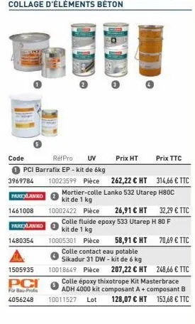 1505935  pci  für bau-profs  4056248  code réfpro uv pci barrafix ep-kit de 6kg 3969784 10023599 pièce 262,22 € ht 314,66 € ttc mortier-colle lanko 532 utarep h80c partxiljanko kit de 1 kg  10002422 p