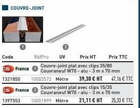 Code  CS France  1321850  CS France 1397553  COUVRE-JOINT  RéfPro  10001899 Mètre 21,11 € HT 