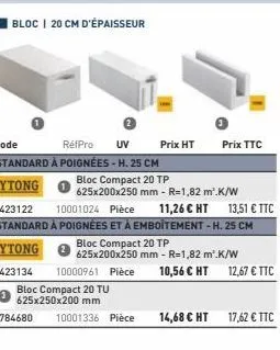 bloc | 20 cm d'épaisseur  code réfpro uv prix ht standard à poignées-h. 25 cm  ytong  ytong  6423134 10000961 pièce  bloc compact 20 tu 625x250x200 mm  6784680 10001336 pièce  bloc compact 20 tp 625x2