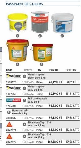 Code  1010  weber  1500128  weber  PASSIVANT DES ACIERS  3888532  4022171  4022170  1107053 PAREXLANNO 1706806 10008905 Pièce  Nanocret AP seau de 4 kg  760 LANKOPAS  RéfPro UV Weber.rep fer bidon de 