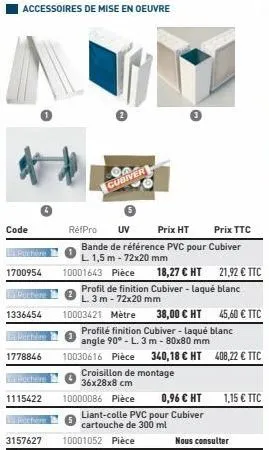 accessoires de mise en oeuvre  code  1700954  rechere  1336454  pechère  1778846  pechere  1115422  cubiver  3157627 10001052 pièce  refpro uv  prix ht  prix ttc  bande de référence pvc pour cubiver  