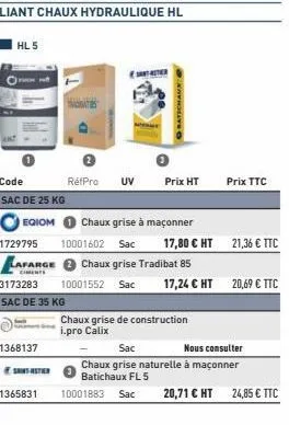 1729795  code  sac de 25 kg  egiom  lafarge  ciments  1368137  3173283  sac de 35 kg  sains aster  batichaux  réfpro uv prix ht  chaux grise de construction i.pro calix  chaux grise à maçonner  100016