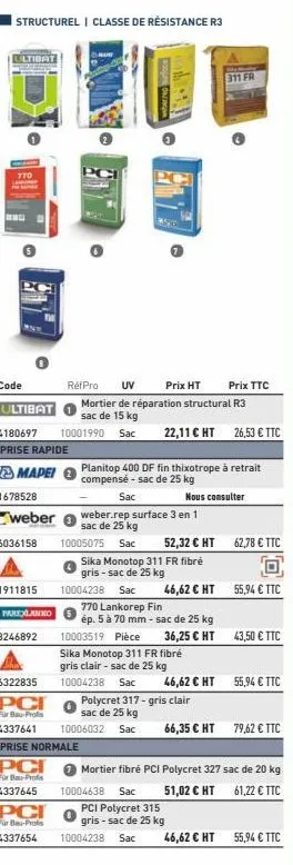 structurel i classe de résistance r3  ultibat  770  s  ultibat  4180697 10001990 sac  prise rapide  mapei  1678528  weber  6036158  1911815  réfpro uv prix ht prix ttc mortier de réparation structural