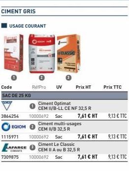 CIMENT GRIS  USAGE COURANT  Code SAC DE 25 KG  3864254  EQIOM  RéfPro UV  Prix HT  Ciment Optimat  CEM II/B-LL CE NF 32,5 R  10000692 Sac  7,61 € HT 9,13 € TTC  Ciment multi-usages CEM II/B 32,5 R  11