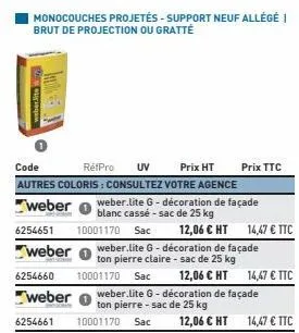 monocouches projetés - support neuf allégé i brut de projection ou gratté  weber lite  code  réfpro uv  prix ht autres coloris: consultez votre agence  weber weber.lite g - décoration de façade  blanc