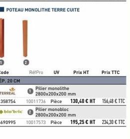 RetPro  UV  10017573 Pièce  Prix HT  Pilier monolithe  2800x200x200 mm  2800x200x200 mm  10011736 Pièce 130,40 € HT 156,48 € TTC  Pilier monobloc  Prix TTC  195,25 € HT 234,30 € TTC 