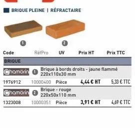 brique pleine | réfractaire  refpro uv  10000400 pièce  brique - rouge 220x50x110 mm  10000351 pièce  prix ht  brique à bords droits - jaune flammé 220x110x30 mm  prix ttc  3,91 € ht  4,44 € ht 5,33 €