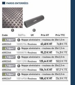 ULTIBAT  6082264  Réf Pro  UV  Prix HT  Prix TTC  Nappe alvéolaire - rouleau de 20x1,0 m  6082263 10005706 Rouleau 63,40 € HT 76,08 € TTC  Nappe alvéolaire - rouleau de 20x1,5 m  10008570 Rouleau 95,2