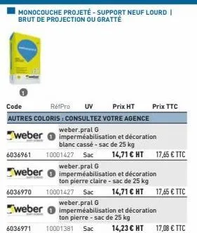 i monocouche projeté-support neuf lourd | brut de projection ou gratté  code  réfpro uv  prix ht autres coloris : consultez votre agence weber.pral g  weber imperméabilisation et décoration  blanc cas