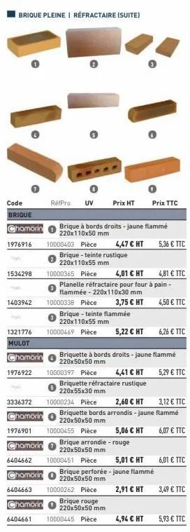 brique pleine | réfractaire (suite)  o  code  brique  chamorin  1976916  1534298  1403942  réfpro uv  10000403 pièce  brique à bords droits - jaune flammé 220x110x50 mm  prix ht  brique - teinte rusti